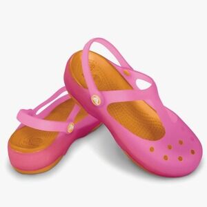 Crocs Carlie Mary Jane Pink Orange T-Strap Women's Slip On Clogs - Size 9